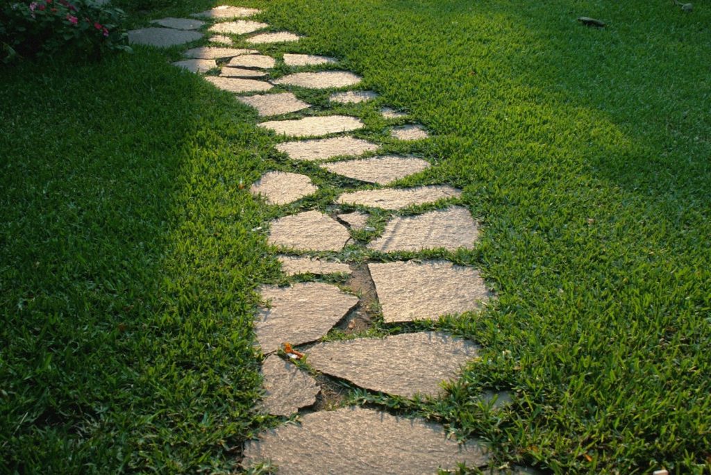 A flagstone walkway along a green, grassy yard