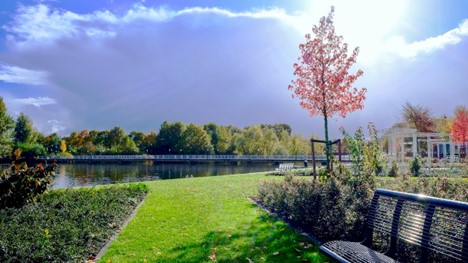 Stunning landscaping along a pristine lake.