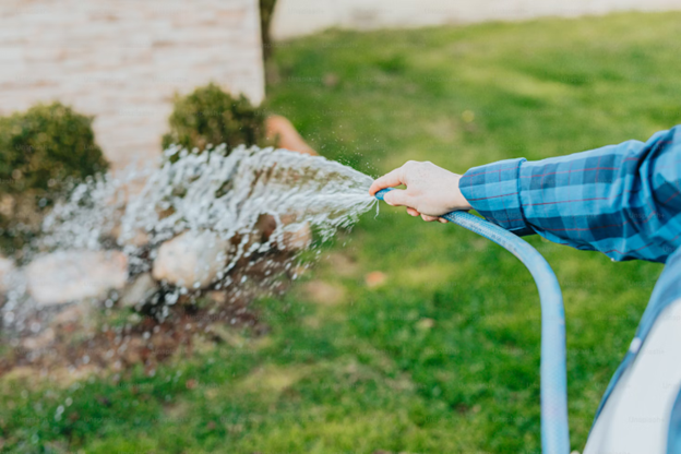Woman hosing down lawn